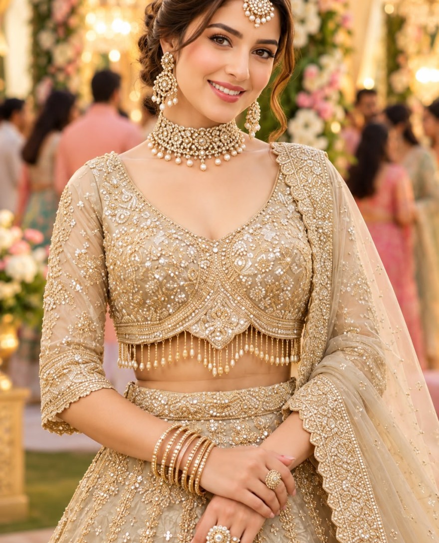 1221 - Beads, Embroidered and Zari Work Fancy Fabric Lehenga Choli In Cream for Engagement